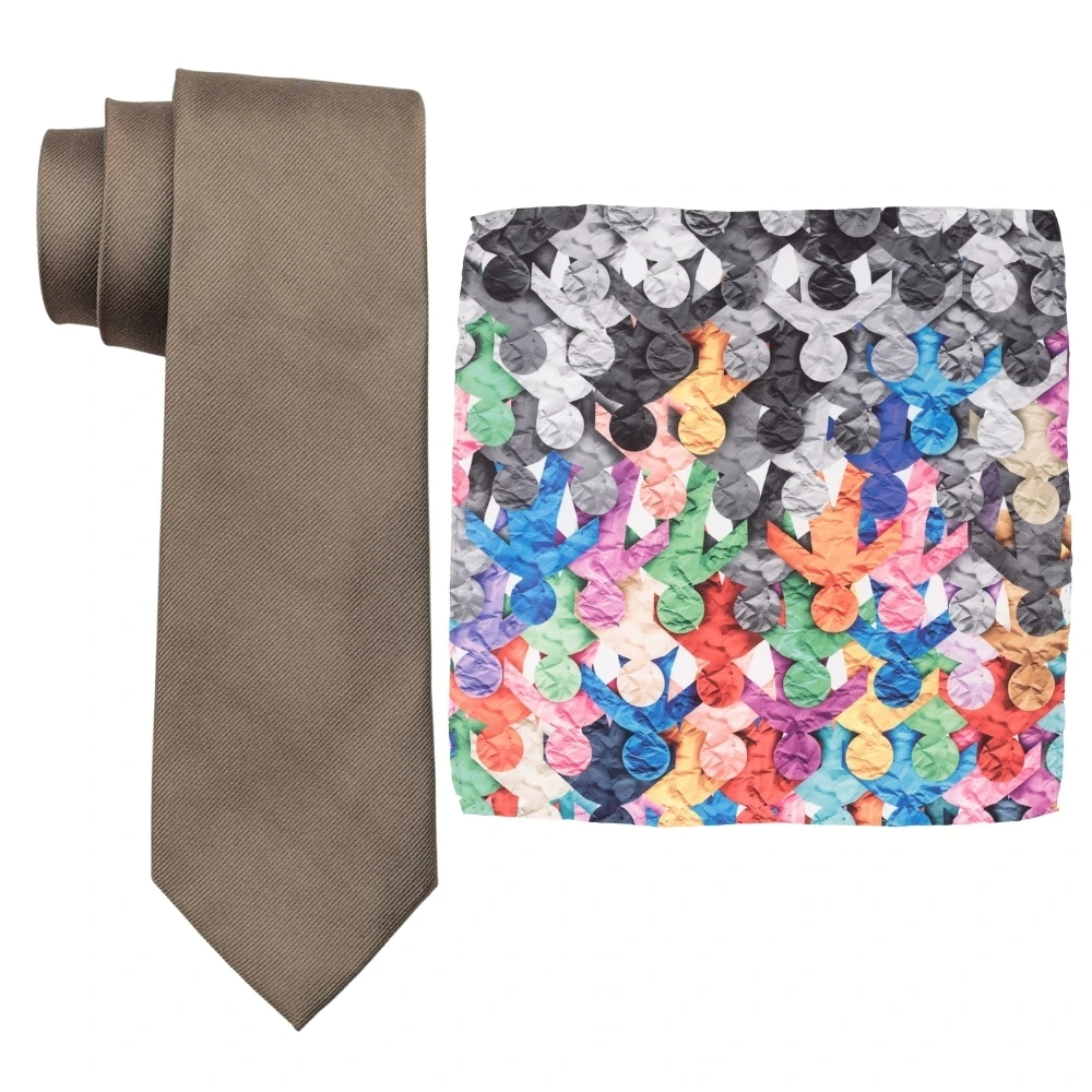 Solid Light Brown Silk Necktie and Multicolor Abstract Microfiber Pocket Square Gift Set ? Elegant Formal Accessory for Men