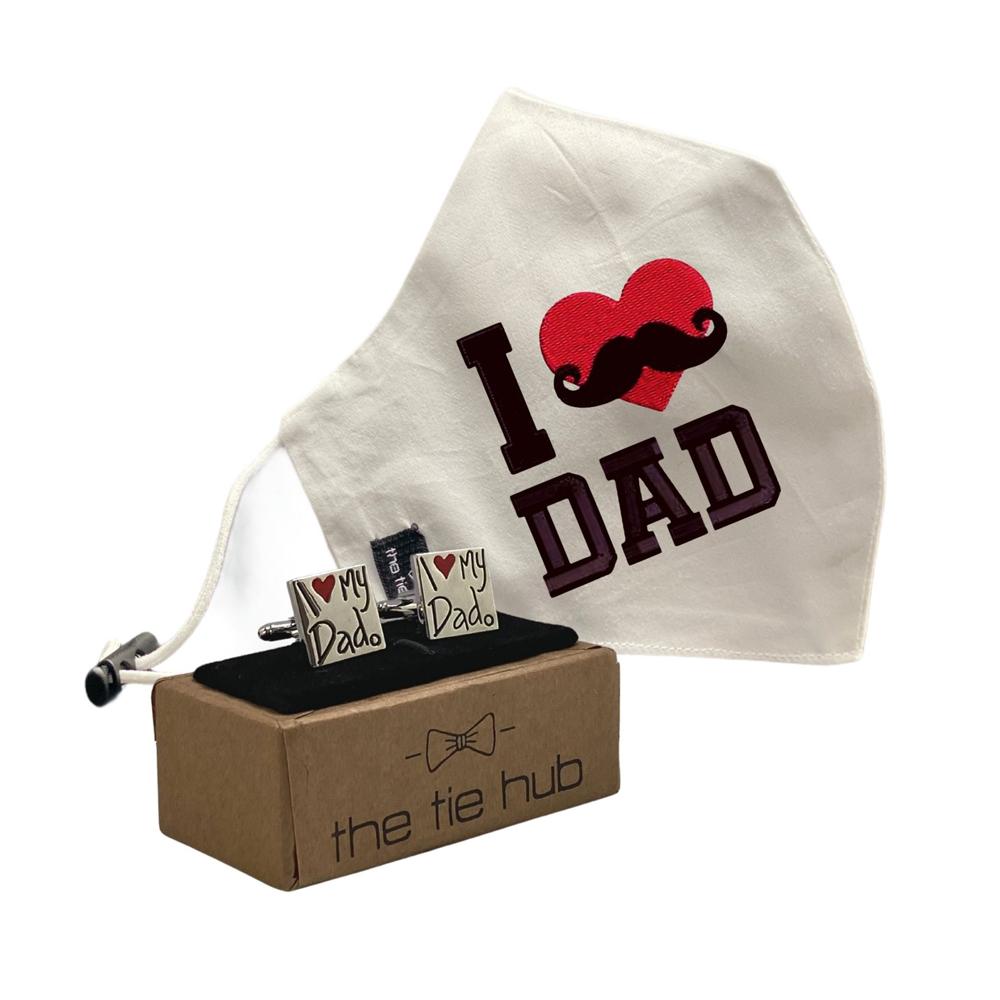 Love Dad Red Heart Face Mask with I Love My Dad Cufflinks Gift Set for Men