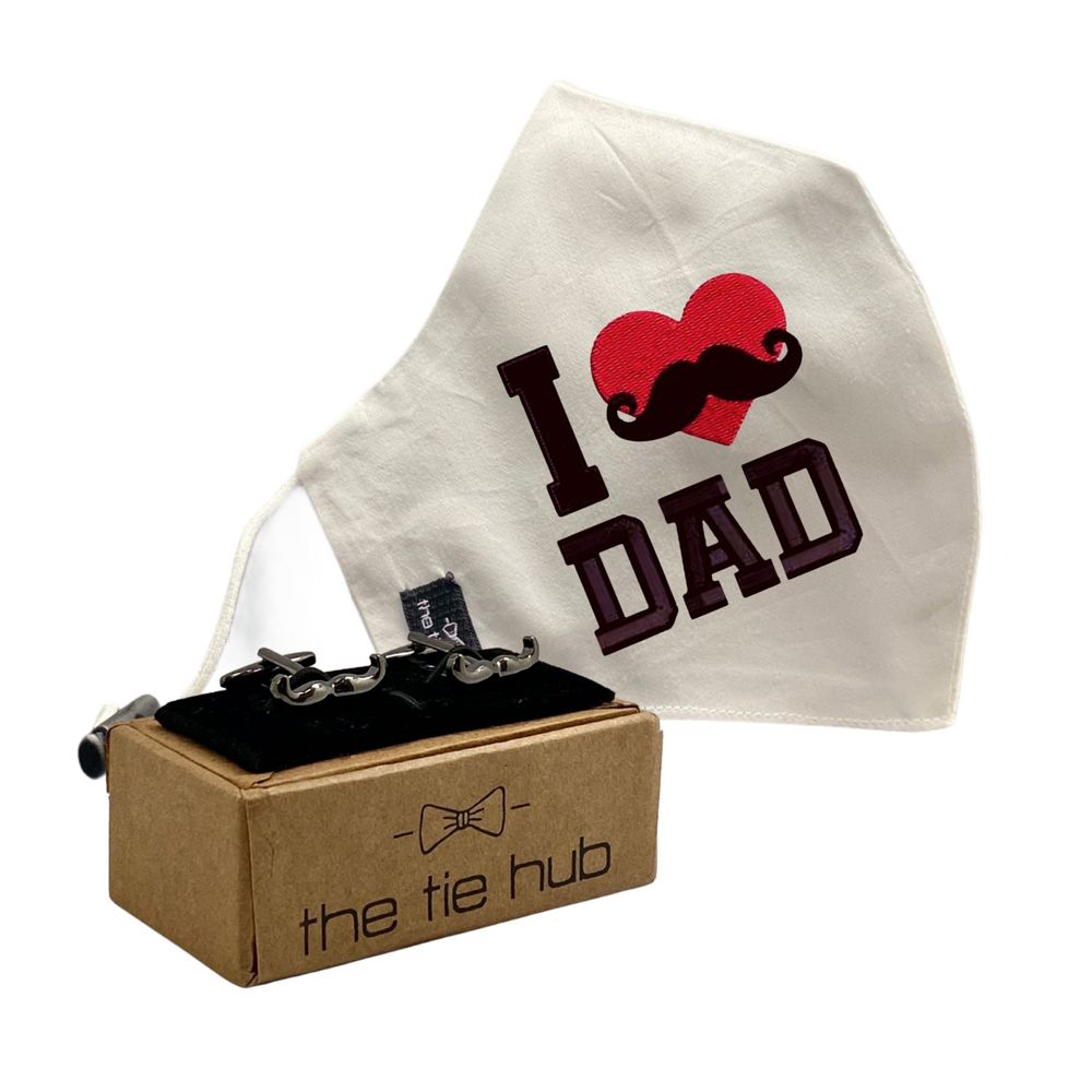 Love Dad Red Heart Face Mask with Gunmetal Moustache Cufflinks Gift Set for Men