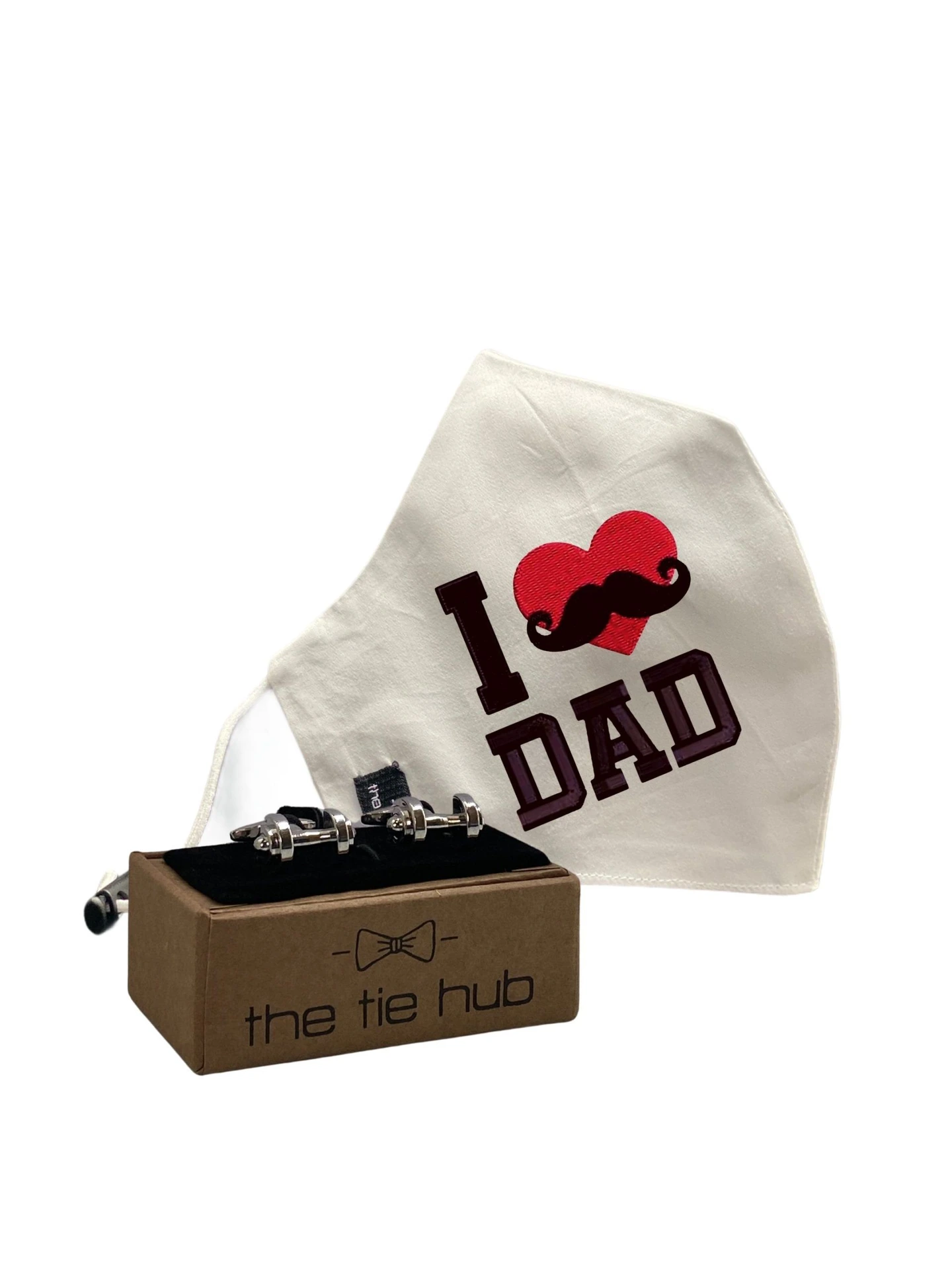 Love Dad Red Heart Face Mask with Silver Dumbells Cufflinks Gift Set for Men