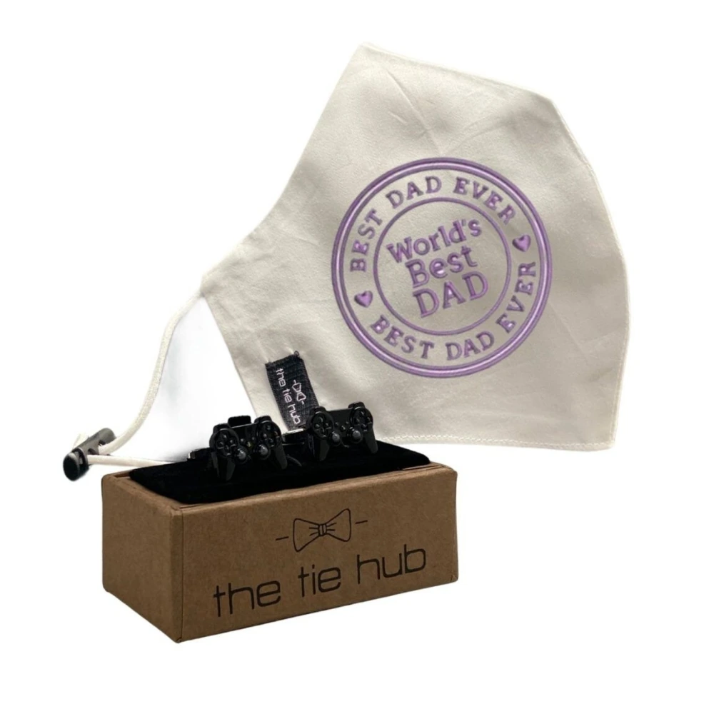 Best Dad Ever Purple Face Mask with Gaming Controllers Cufflinks Gift Set for Men