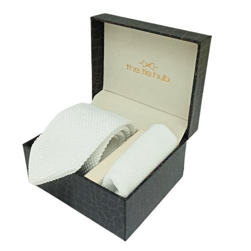 Solid White Knitted Necktie and Pocket Square Gift Set for Men