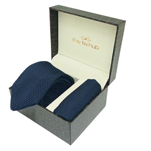 Solid Navy Blue Knitted Necktie and Pocket Square Gift Set for Men