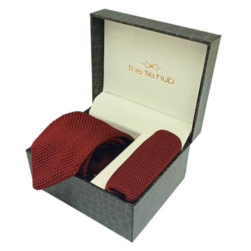 Solid Burgundy Knitted Necktie and Pocket Square Gift Set for Men