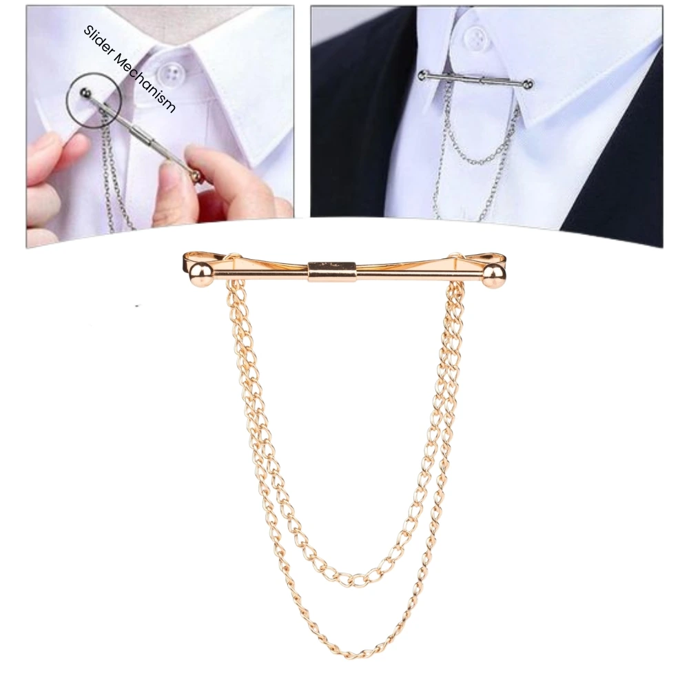 Classic Gold with Double Chain Brass Collar Bar Gift Set for Men