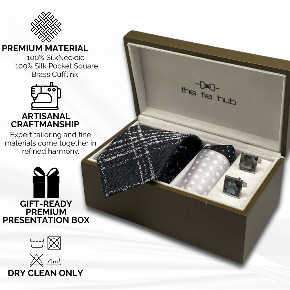 Black and White Necktie with Mother of Pearl Cufflinks and Polka Pocket Square Combo - Premium Gift Set for Men