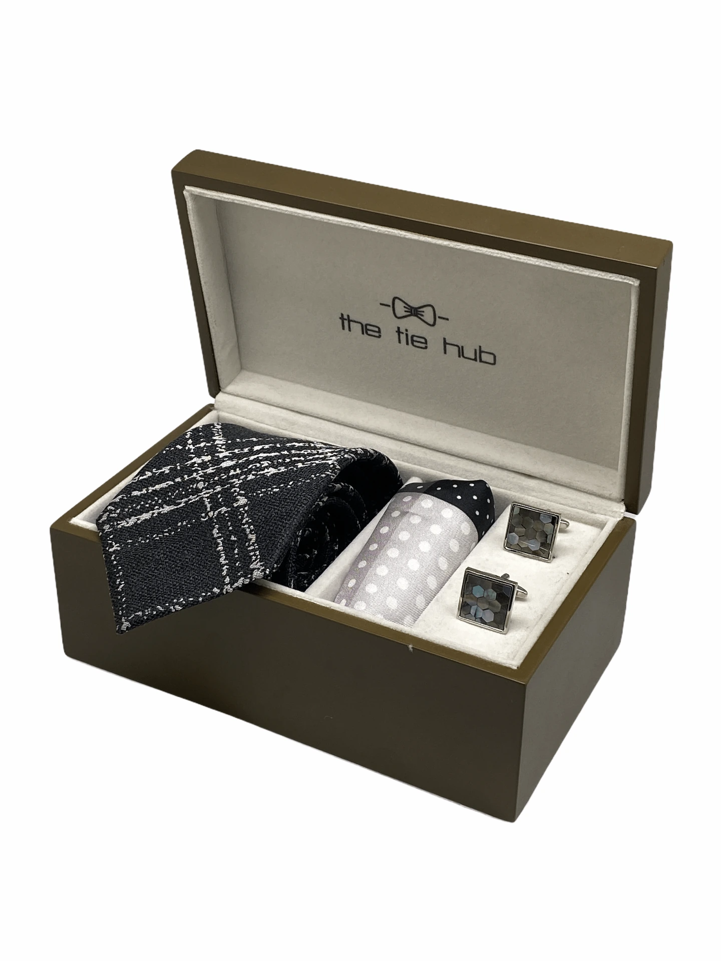 Black and White Necktie with Mother of Pearl Cufflinks and Polka Pocket Square Combo - Premium Gift Set for Men