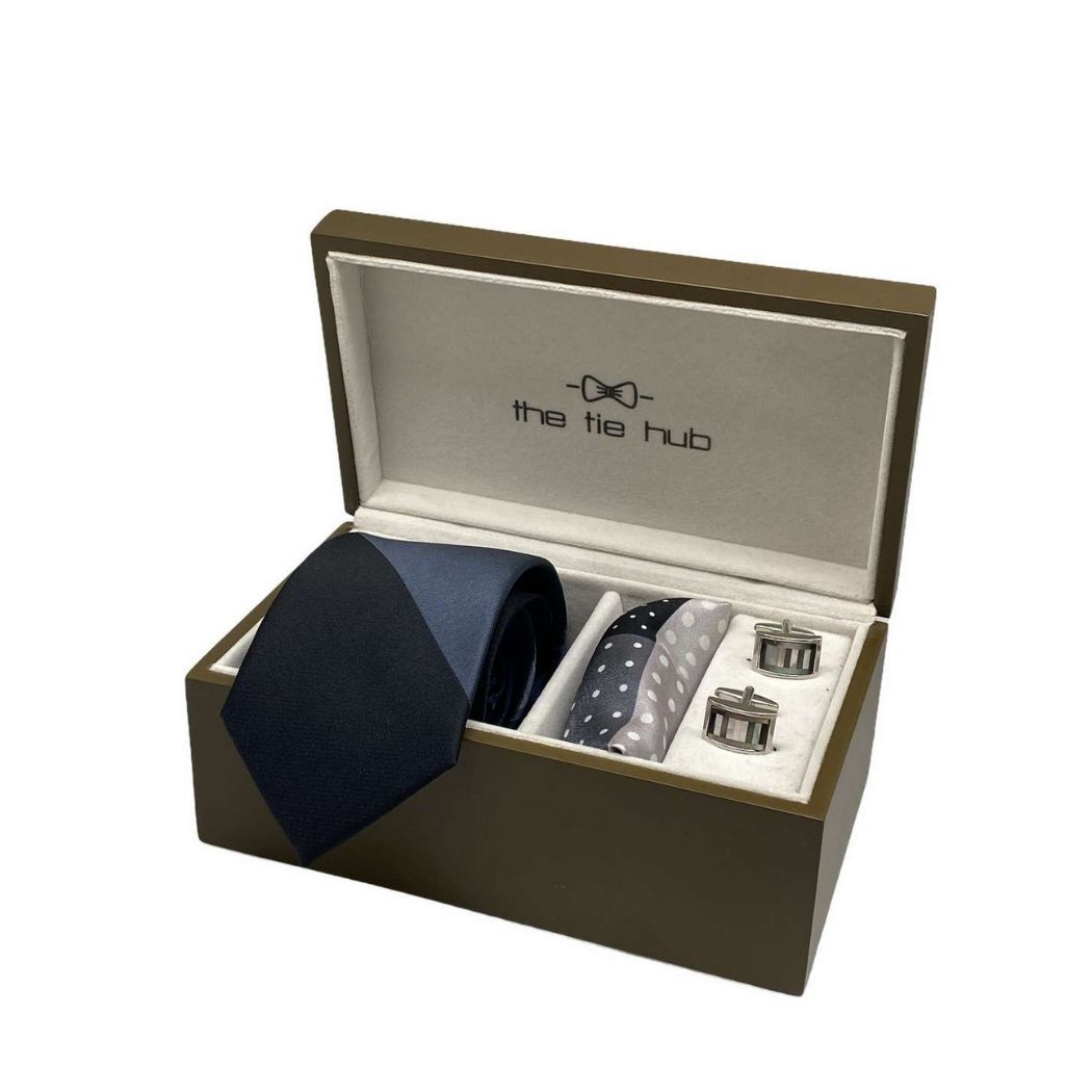 Grey and Black Diagonal Necktie Gift Set - Tie with Pocket Square and Abalone Cufflinks | Elegant Wedding Accessories for Men