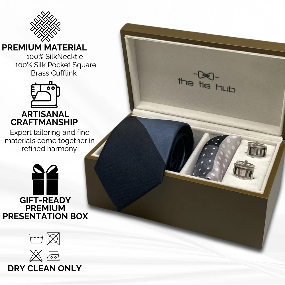 Grey and Black Diagonal Necktie Gift Set - Tie with Pocket Square and Abalone Cufflinks | Elegant Wedding Accessories for Men