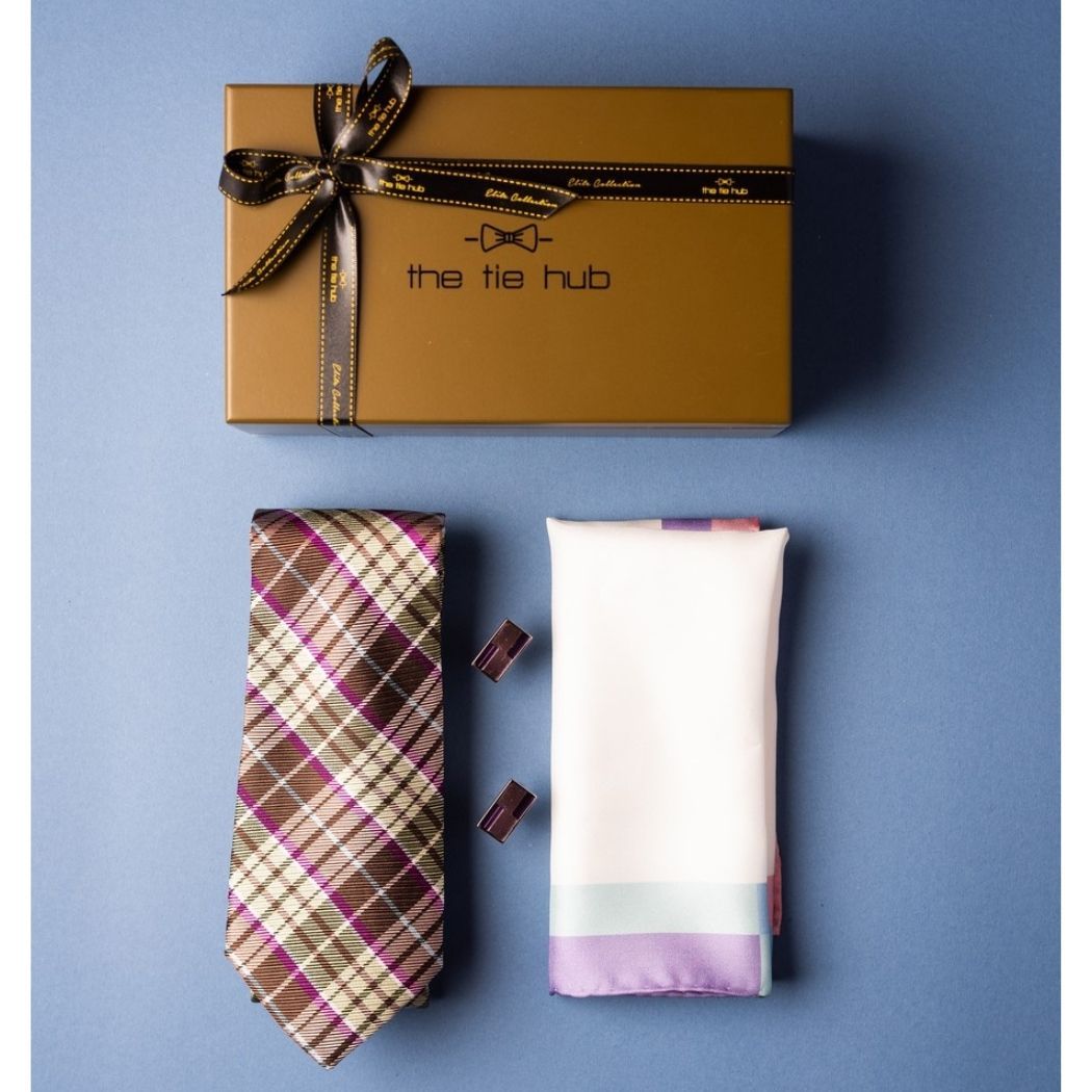 Brown and Purple Checkered Necktie Gift Set - Tie with Pocket Square and Rectangle Cufflinks | Stylish Formal Accessories for Men