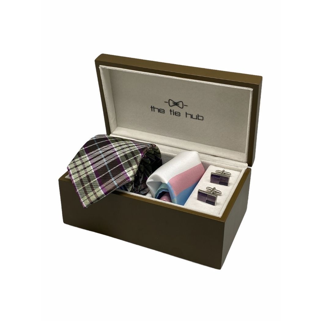 Brown and Purple Checkered Necktie Gift Set - Tie with Pocket Square and Rectangle Cufflinks | Stylish Formal Accessories for Men