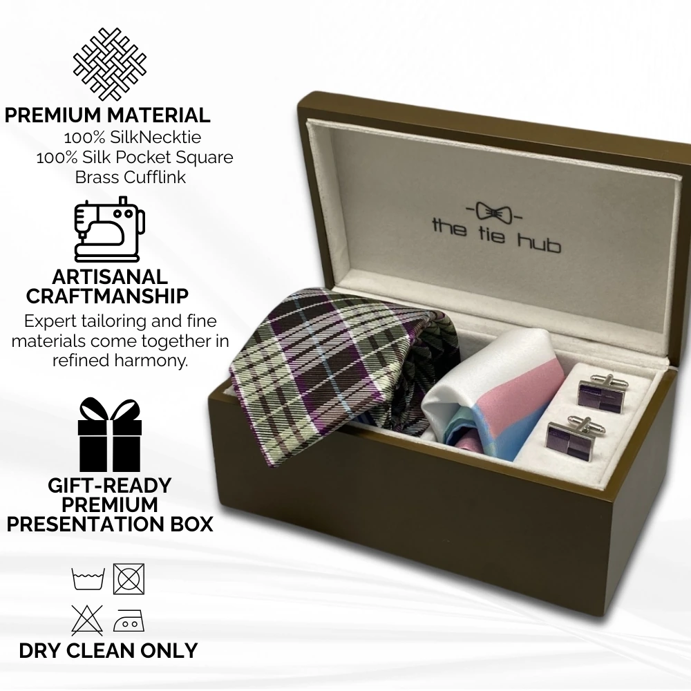 Brown and Purple Checkered Necktie Gift Set - Tie with Pocket Square and Rectangle Cufflinks | Stylish Formal Accessories for Men