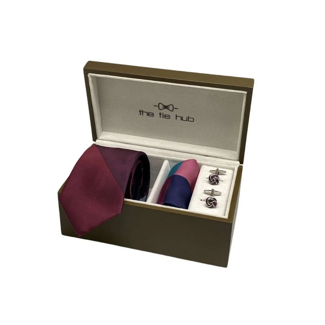Maroon and Grey Diagonal Necktie Gift Set - Tie with Pocket Square and Knot Cufflinks | Formal and Wedding Accessories for Men