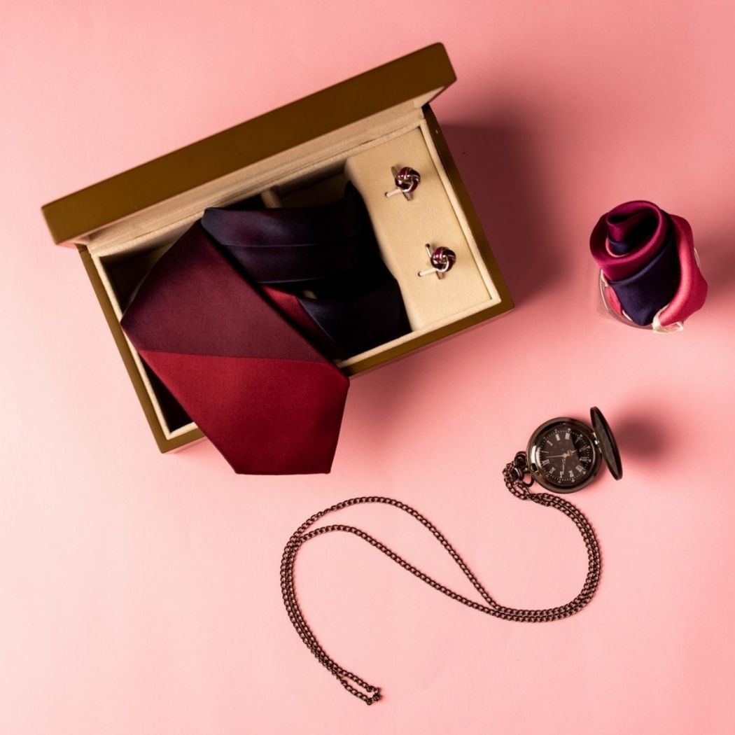 Maroon and Grey Diagonal Necktie Gift Set - Tie with Pocket Square and Knot Cufflinks | Formal and Wedding Accessories for Men