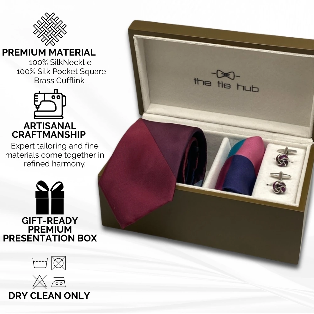 Maroon and Grey Diagonal Necktie Gift Set - Tie with Pocket Square and Knot Cufflinks | Formal and Wedding Accessories for Men