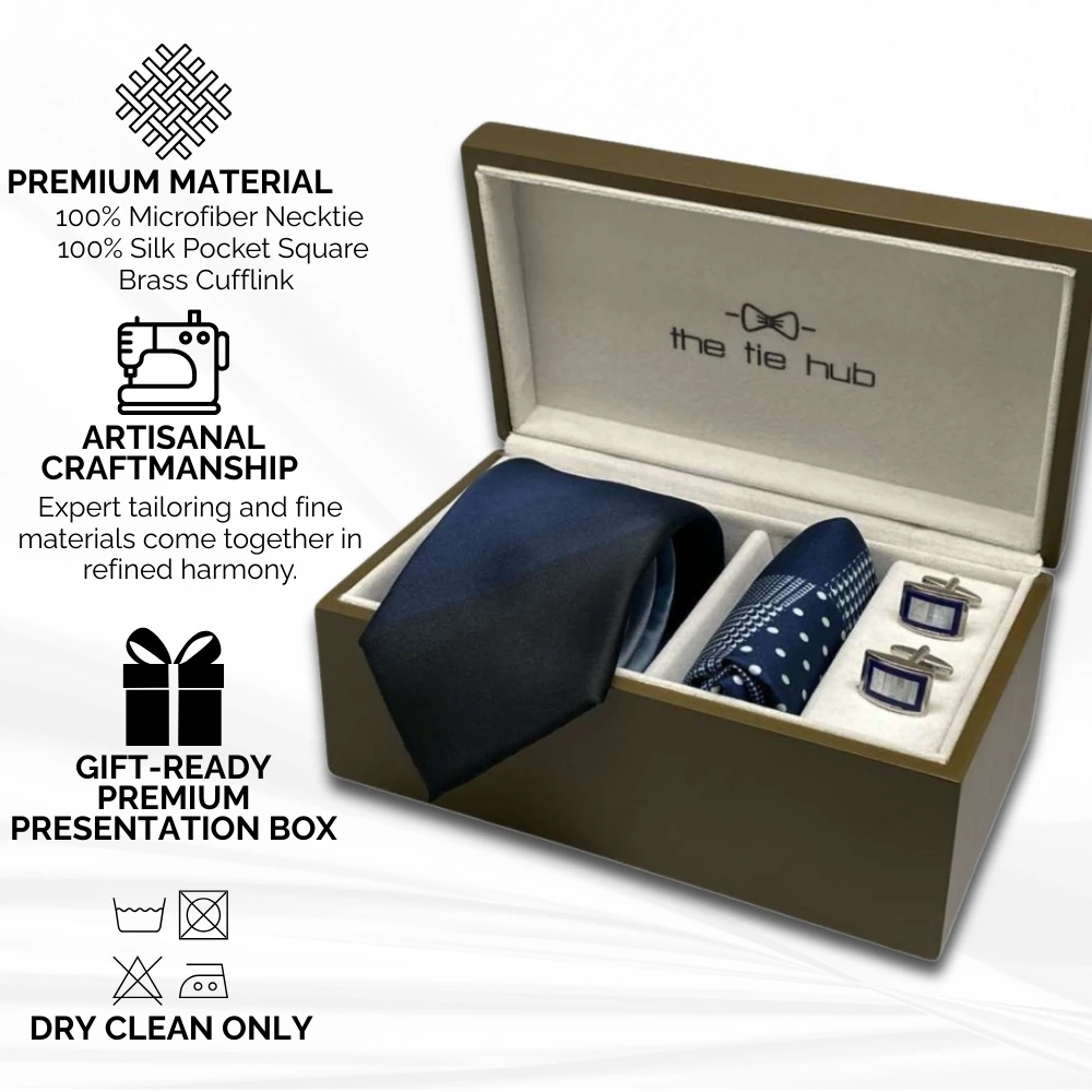 Gradient Blue Microfiber Necktie with Pocket Square and MOP Cufflink Gift Set for Men