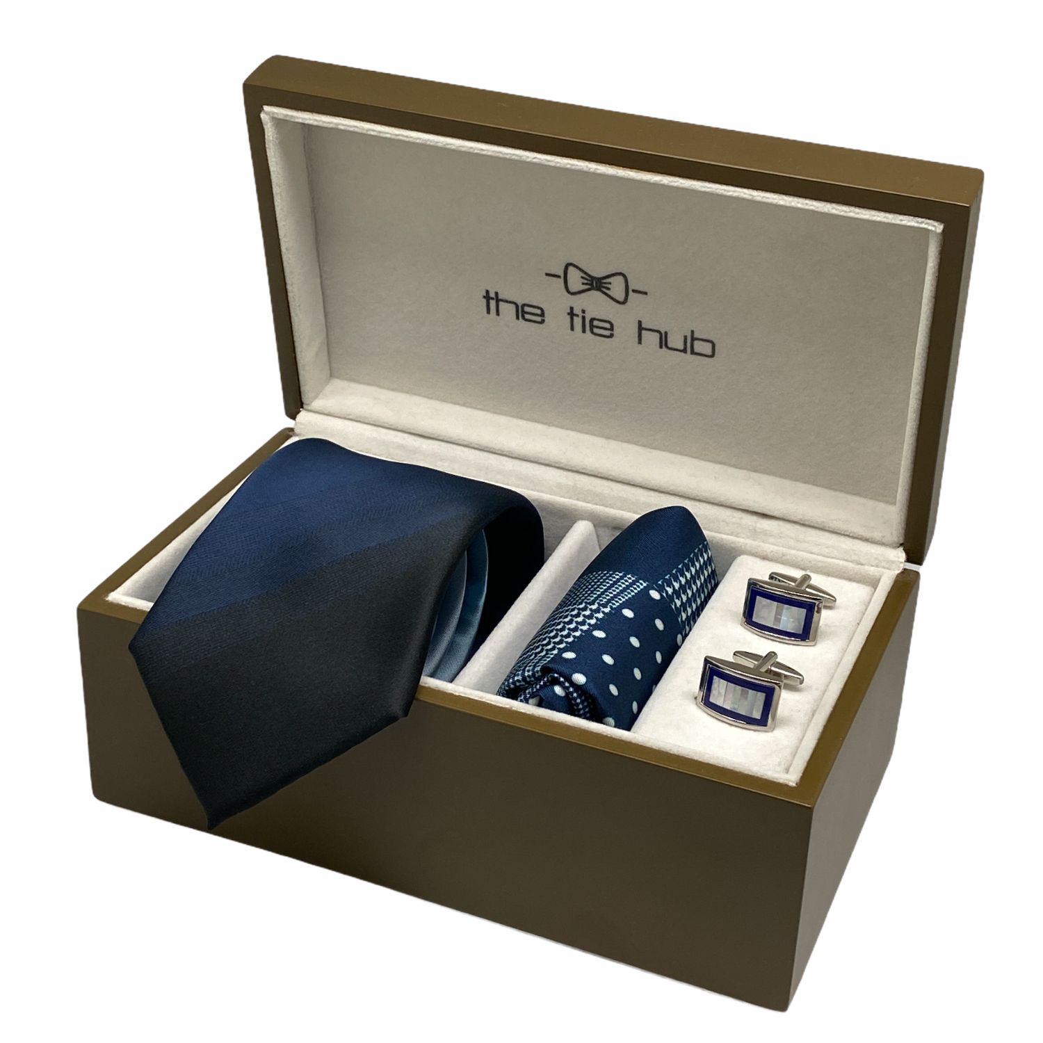 Gradient Blue Microfiber Necktie with Pocket Square and MOP Cufflink Gift Set for Men