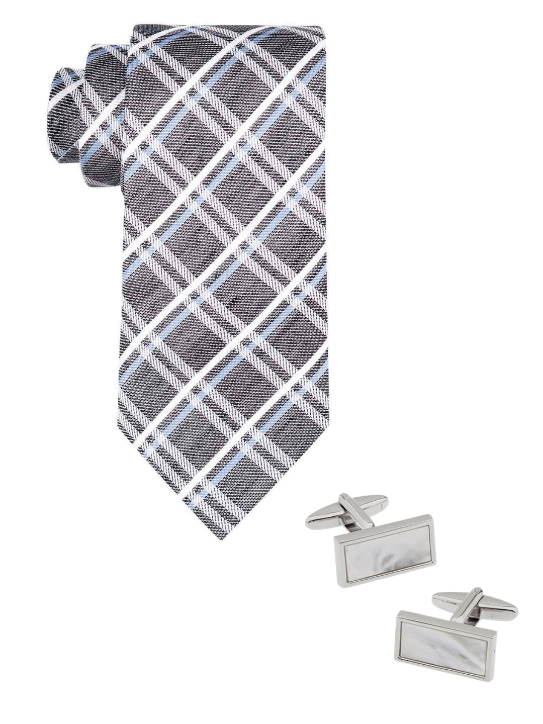 Grey Checkered Silk Necktie with Mother of Pearl Brass Cufflinks Gift Set for Men