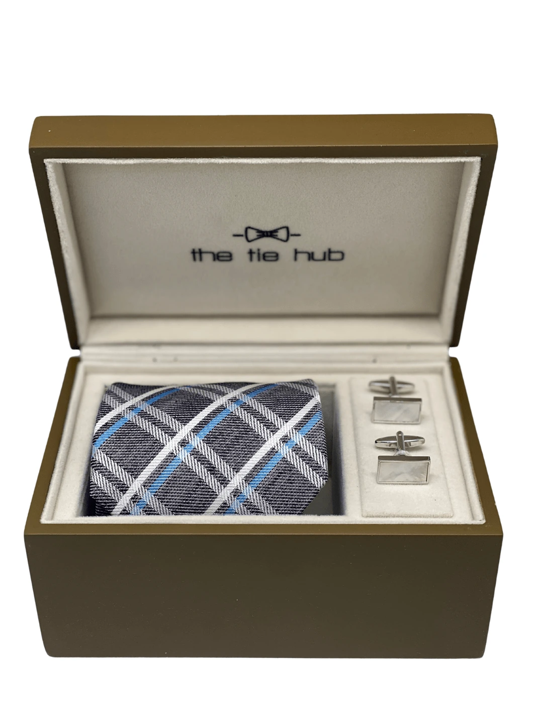 Grey Checkered Silk Necktie with Mother of Pearl Brass Cufflinks Gift Set for Men