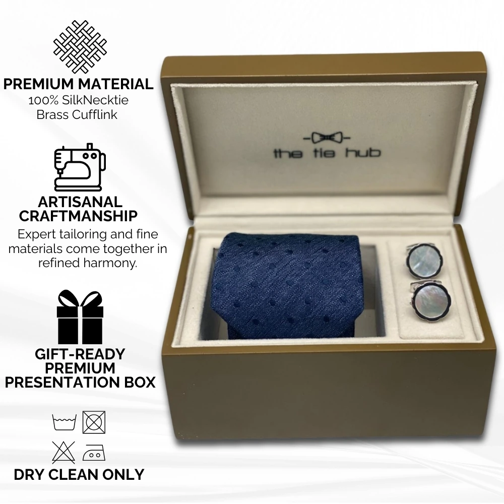 Navy Blue Patterned Necktie Gift Set - Tie with Mother of Pearl Cufflinks in Wooden Box | Elegant Formal and Wedding Accessories for Men