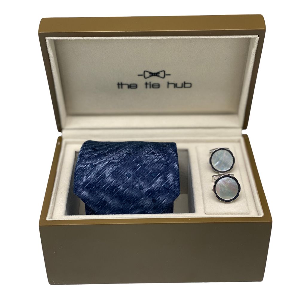 Navy Blue Patterned Necktie Gift Set - Tie with Mother of Pearl Cufflinks in Wooden Box | Elegant Formal and Wedding Accessories for Men