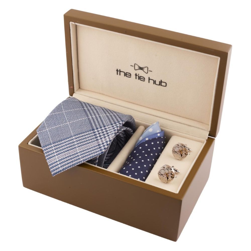 Plaid 7 Fold Blue Necktie Combo for Men
