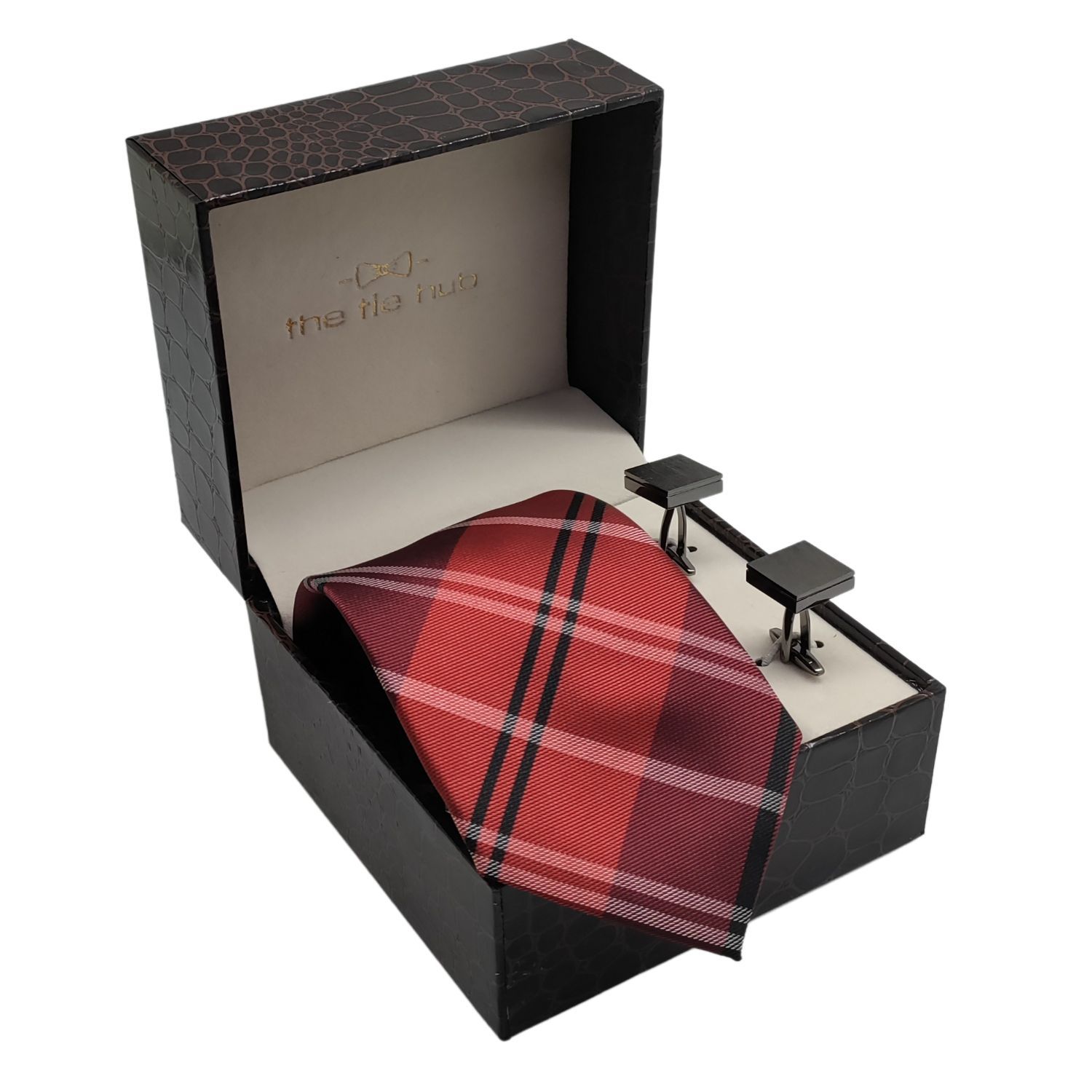 Douglas Red on Black Plaid Microfiber Necktie and Cufflinks Gift Set for Men