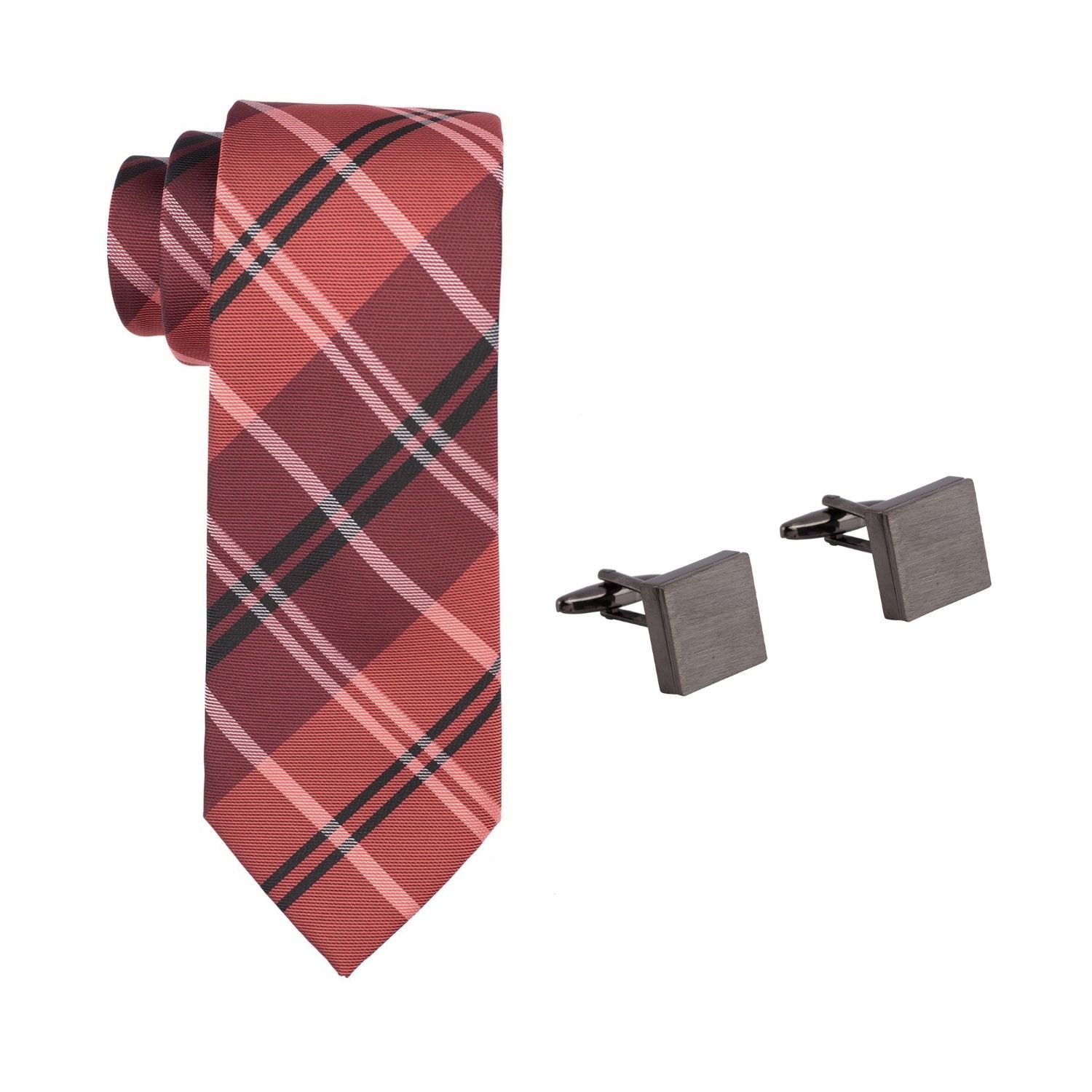 Douglas Red on Black Plaid Microfiber Necktie and Cufflinks Gift Set for Men