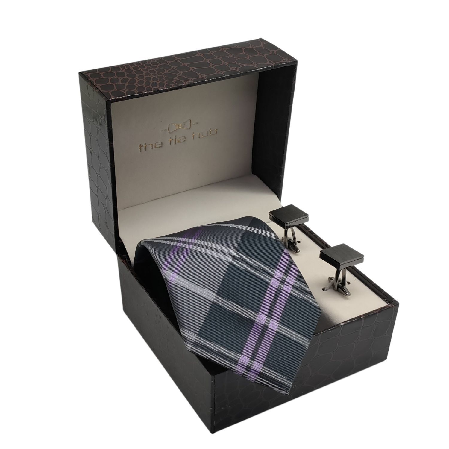 Douglas Black on Purple Plaid Microfiber Necktie and Cufflinks Gift Set for Men