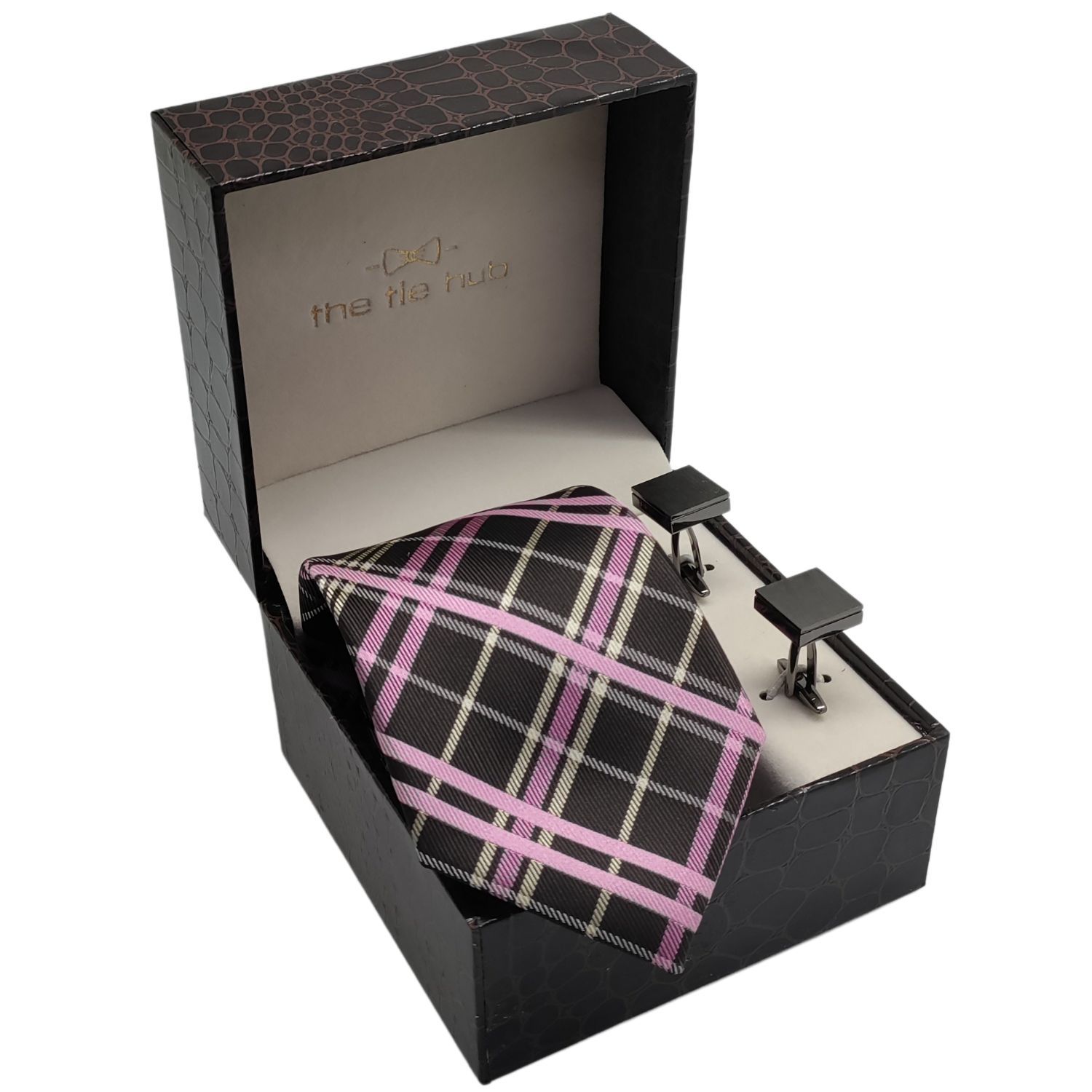 Hunter Brown with Pink Plaid Microfiber Necktie and Cufflinks Gift Set for Men