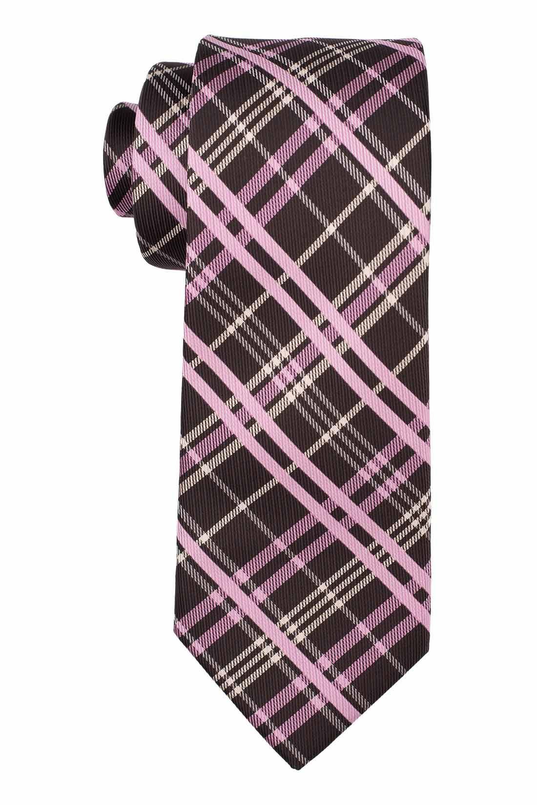 Hunter Brown with Pink Plaid Microfiber Necktie and Cufflinks Gift Set for Men