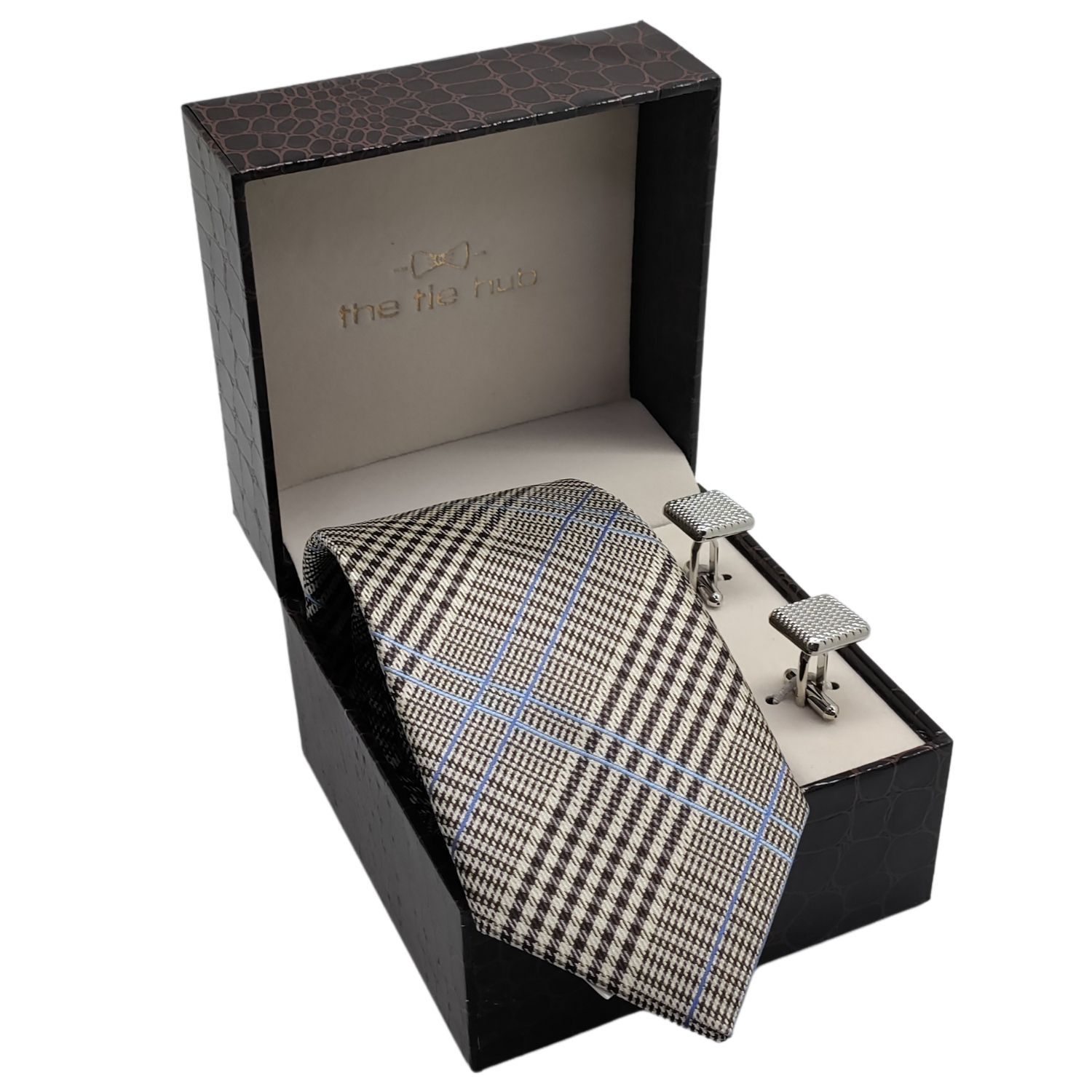 Williams Cream Blue Plaid Microfiber Necktie and Cufflinks Gift Set for Men