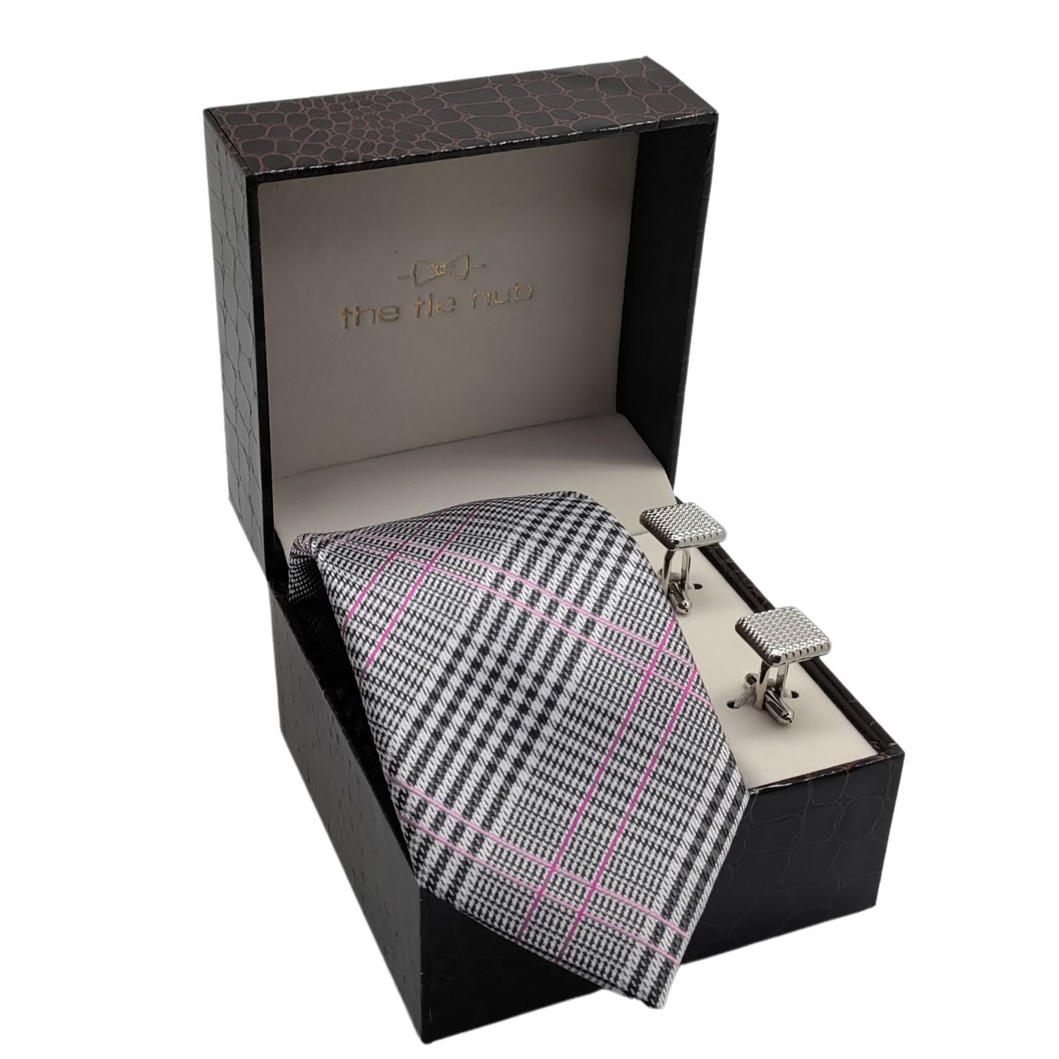 Williams Black Pink Plaid Microfiber Necktie and Cufflinks Gift Set for Men