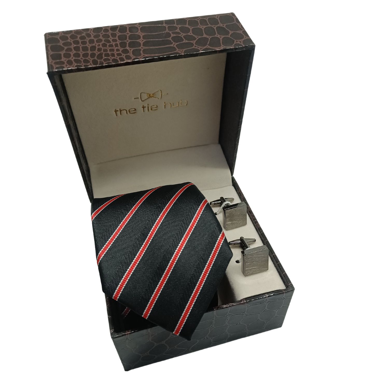 Houston Black with Red Stripes Microfiber Necktie and Cufflinks Gift Set for Men