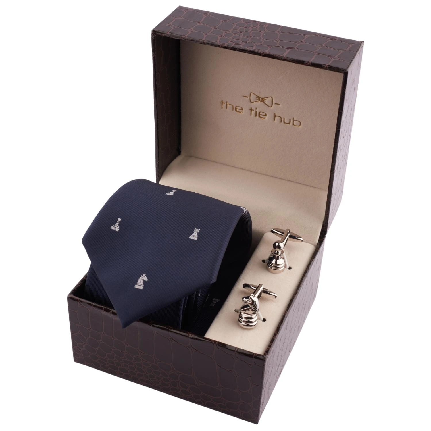 Blue and White Chess Necktie and Cufflinks Gift Set for Men