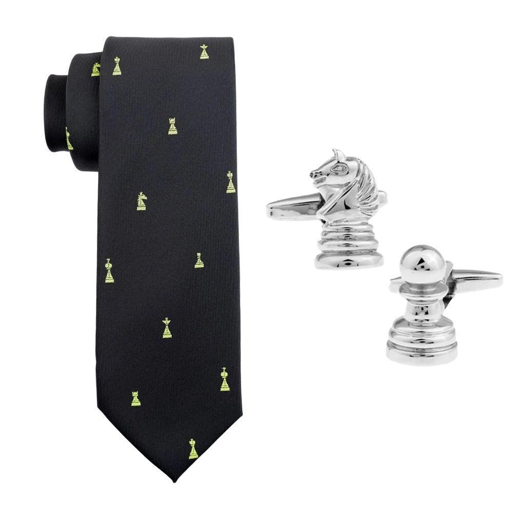 Black Chess Design Necktie Combo Set for Men