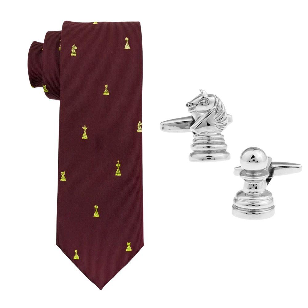 Maroon Chess Design Necktie Combo Set for Men