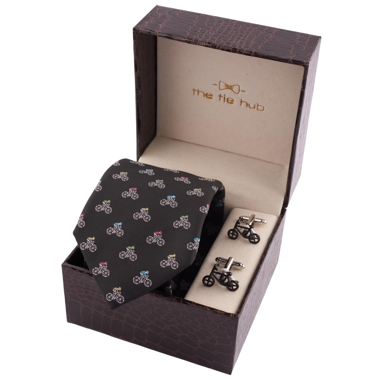 Black Bicycle Necktie and Cufflinks Gift Set for Men