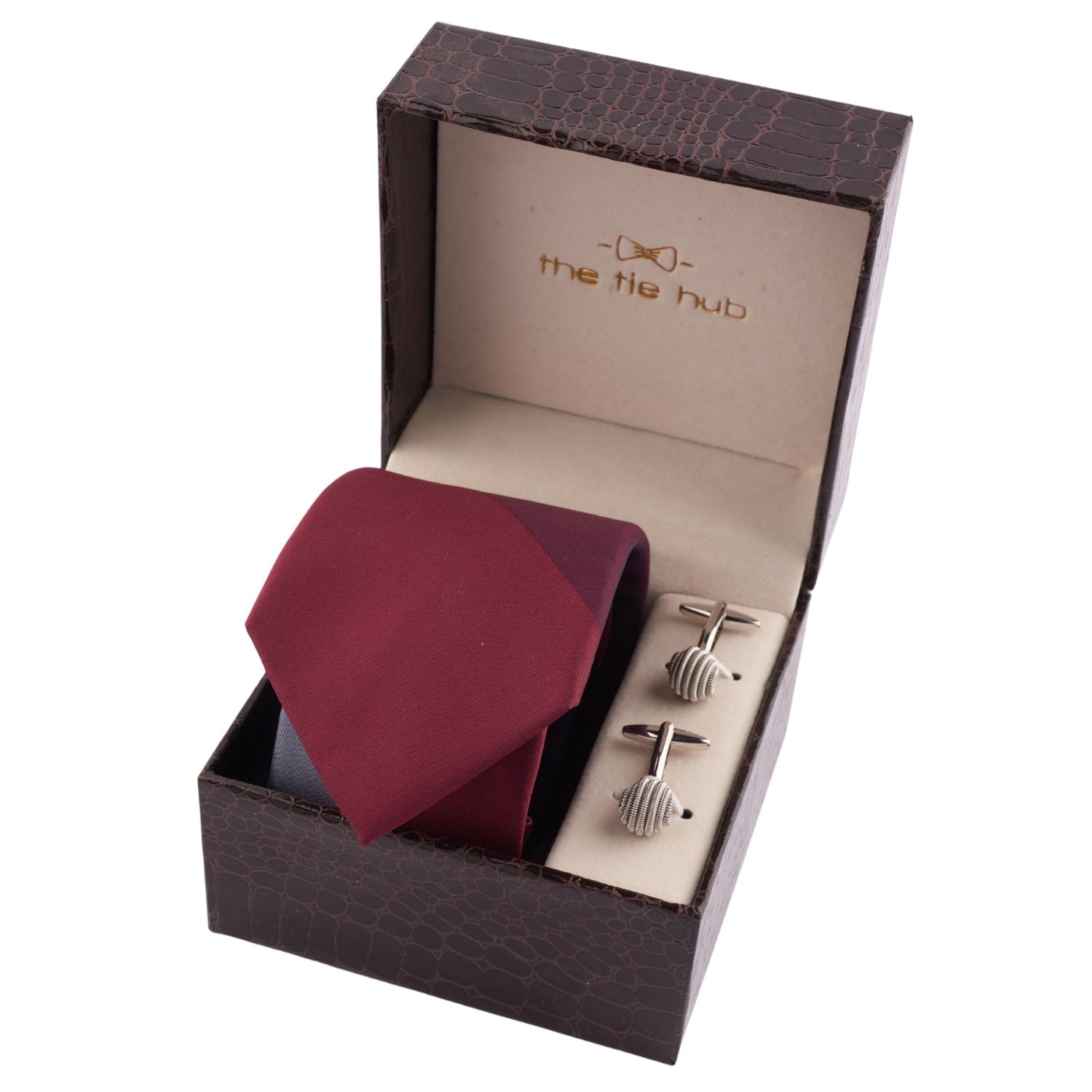 Maroon and Grey Perseus Checks Necktie with Silver Metallic Swirl Ball Cufflinks Gift Set for Men