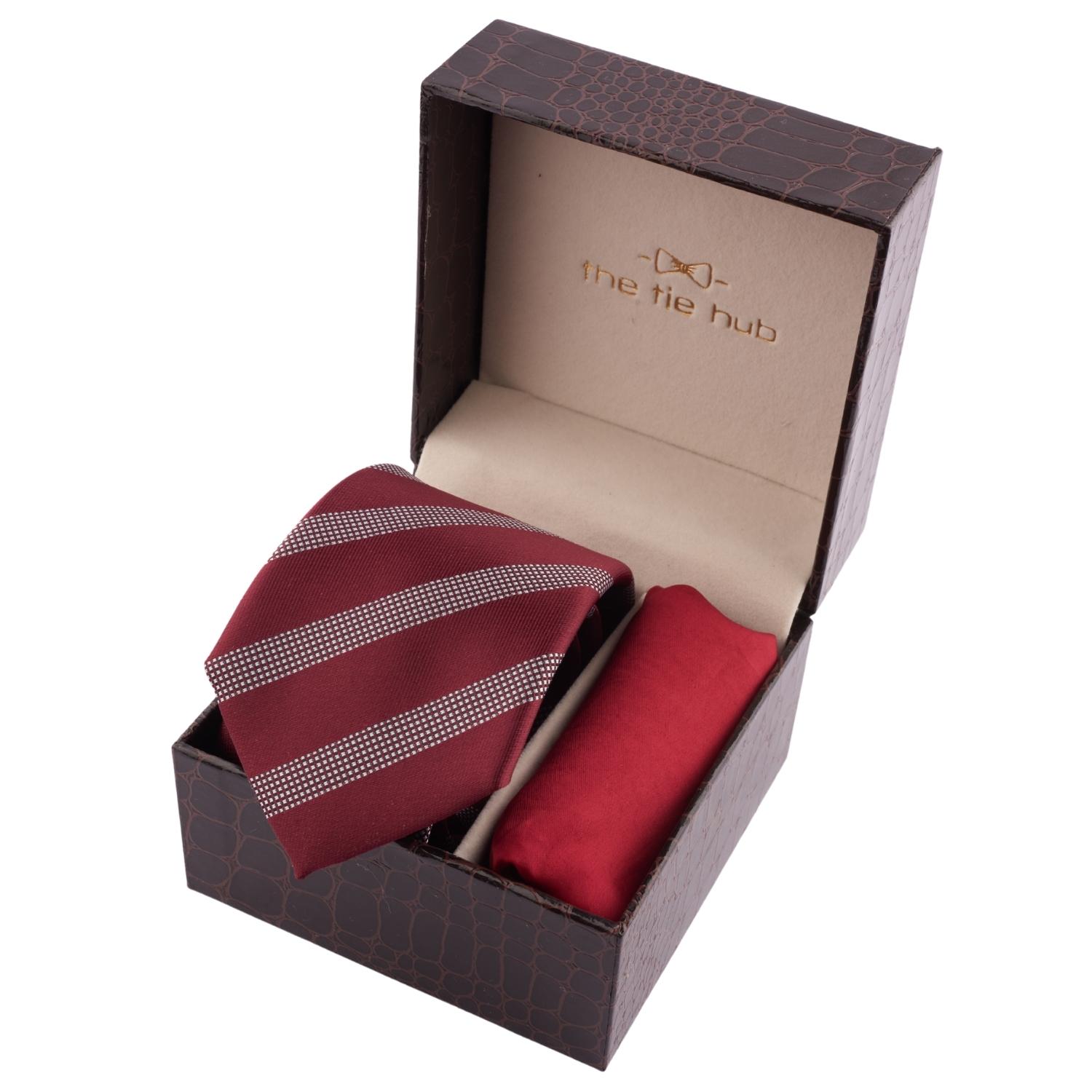 Burgundy and Gray Stripe Necktie with Solid Burgundy Pocket Square Gift Set for Men