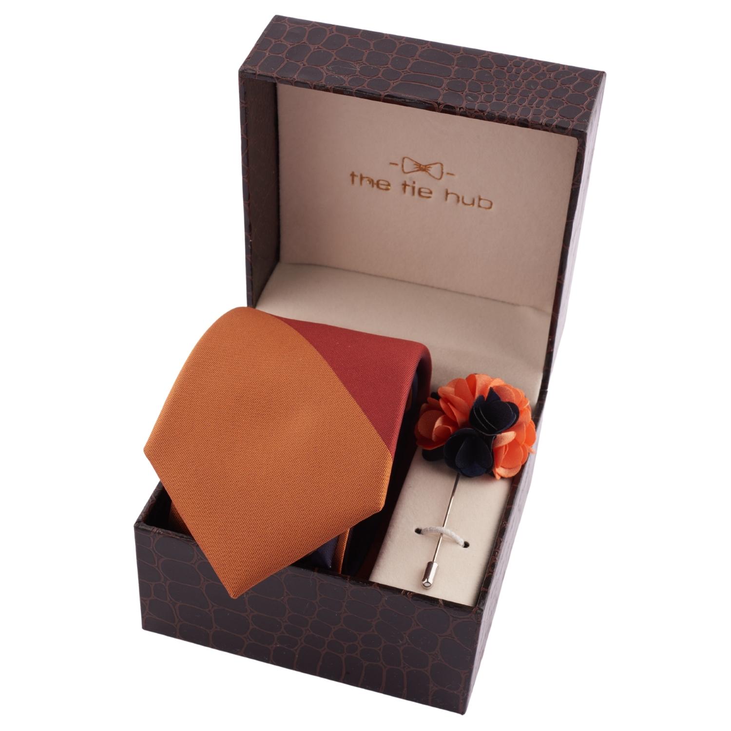 Orange and Maroon Checks Necktie with Orange and Blue Lapel Pin Gift Set for Men