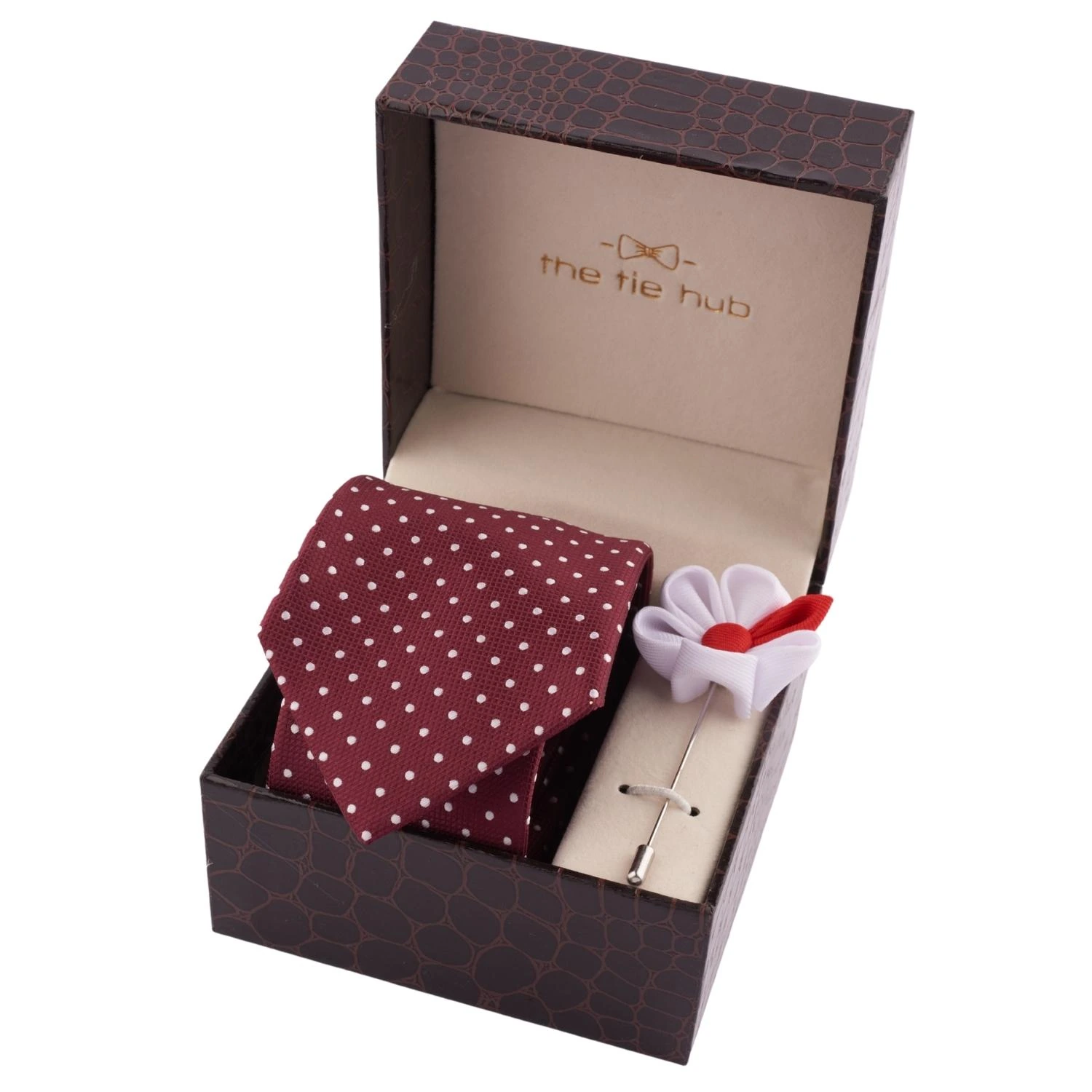 Burgundy Polka Necktie with White Flower Lapel Pin Gift Set for Men