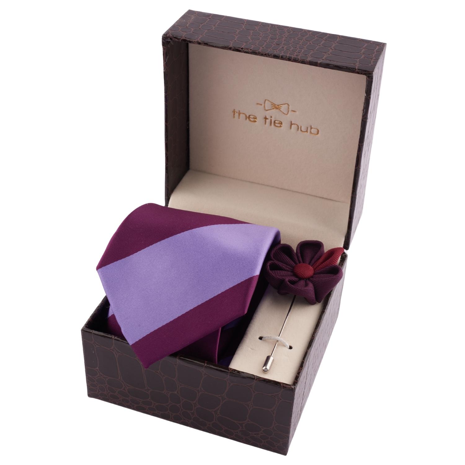 Burgundy and Purple Stripe Necktie with Purple Flower Lapel Pin Gift Set for Men