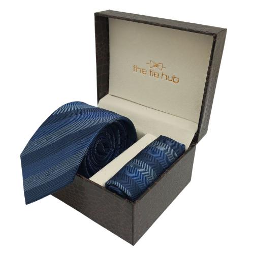 Blue Stripe Necktie with Pocket Square Combo Set for Men