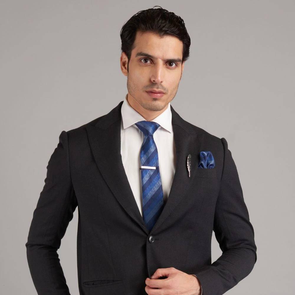 Blue Stripe Necktie with Pocket Square Combo Set for Men