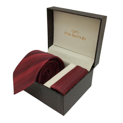 Red Stripe Necktie with Pocket Square Combo Set for Men