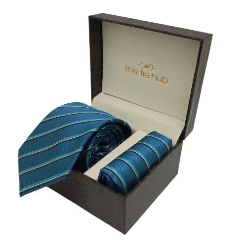 Teal Blue Stripe Necktie with Pocket Square Combo Set for Men