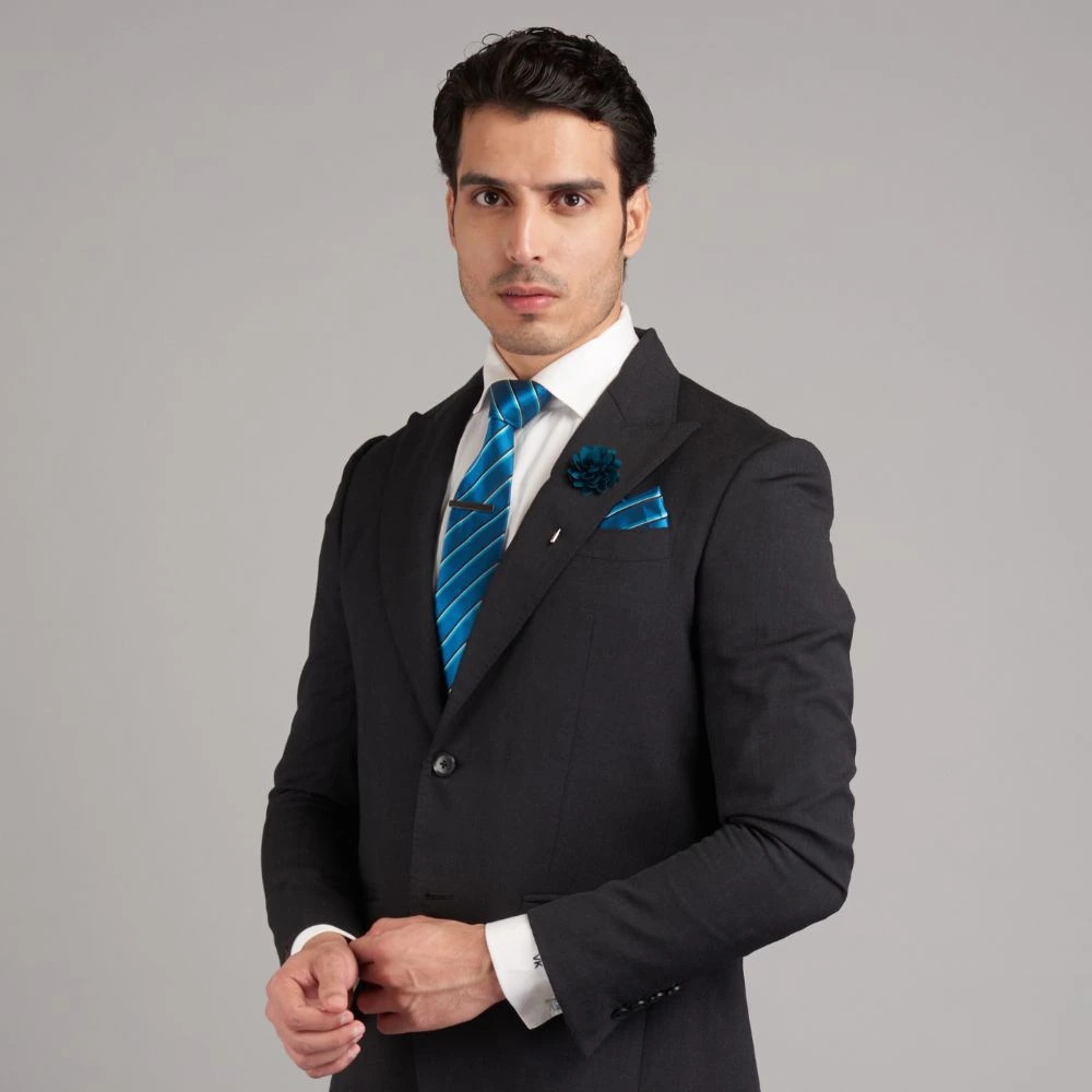 Teal Blue Stripe Necktie with Pocket Square Combo Set for Men