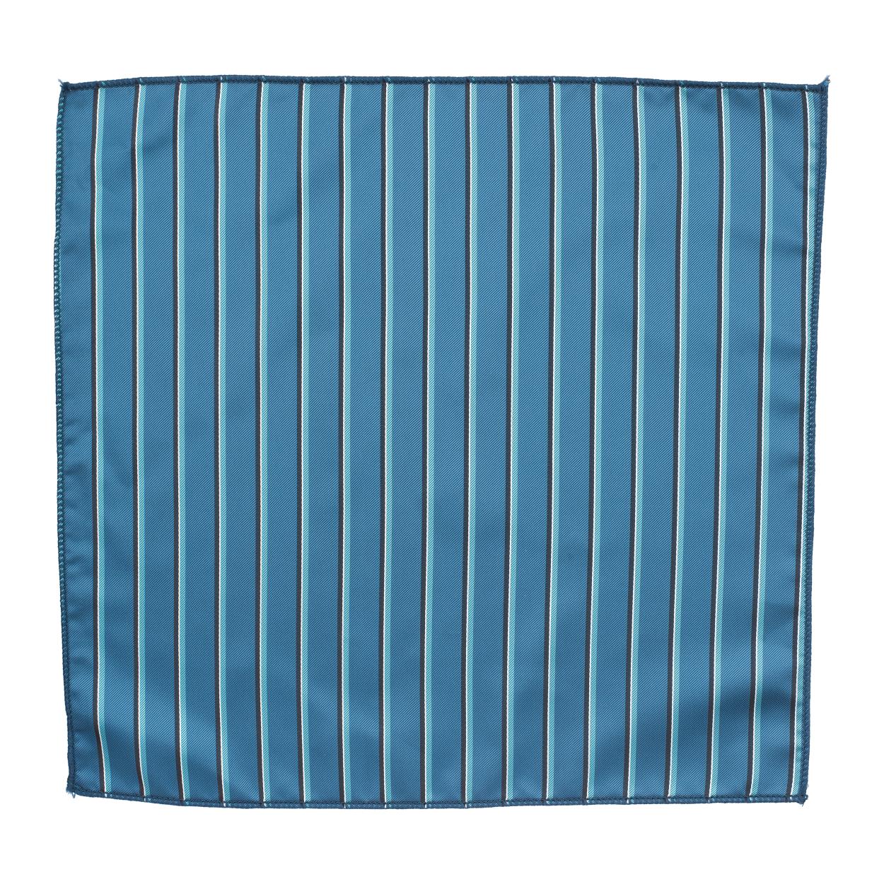 Teal Blue Stripe Necktie with Pocket Square Combo Set for Men