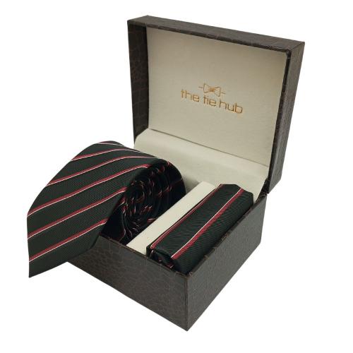 Black Stripe Necktie with Pocket Square Combo Set for Men